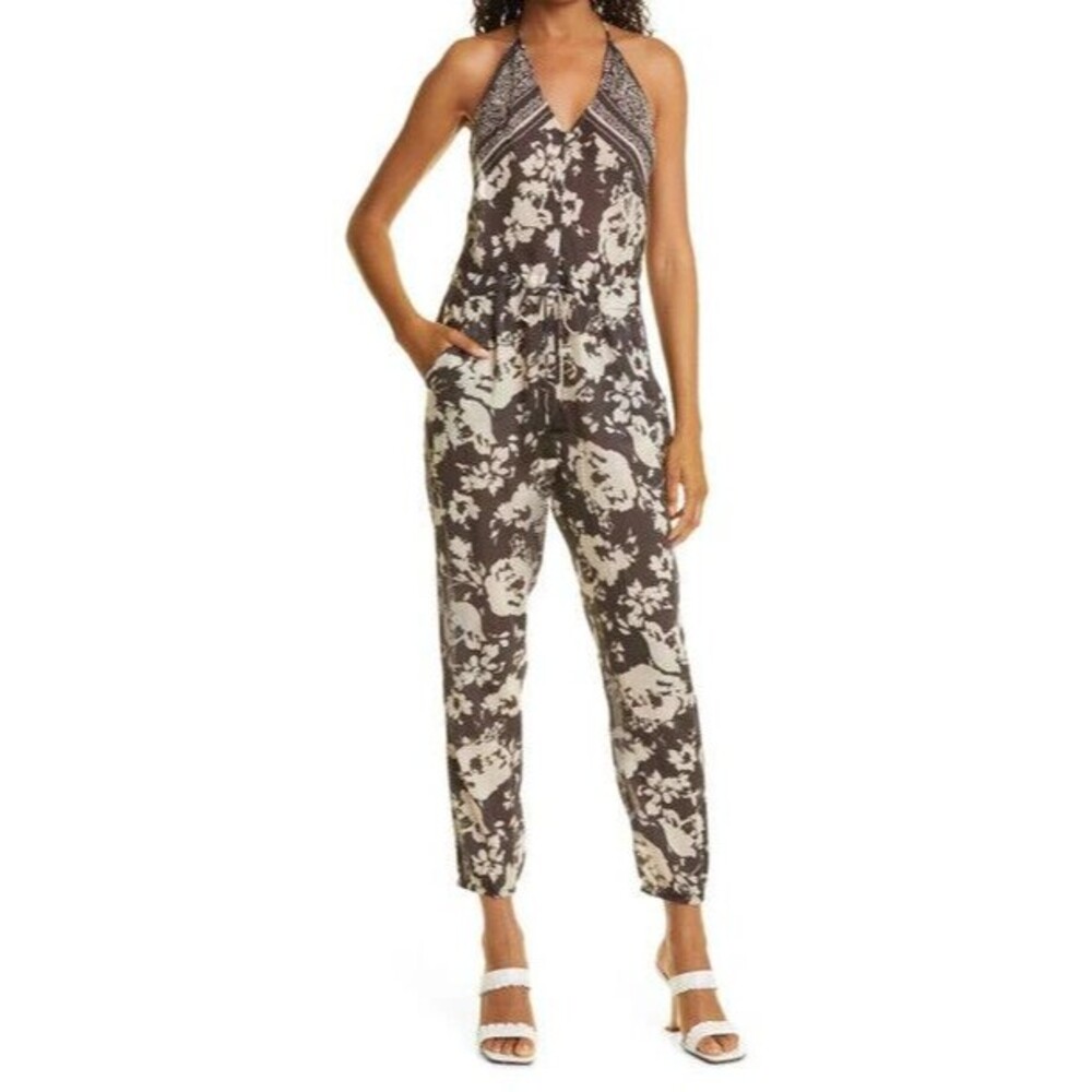 BA&SH Womens Jumpsuit Small Brown Floral Halter Lightweight Sheer Dama Carbone